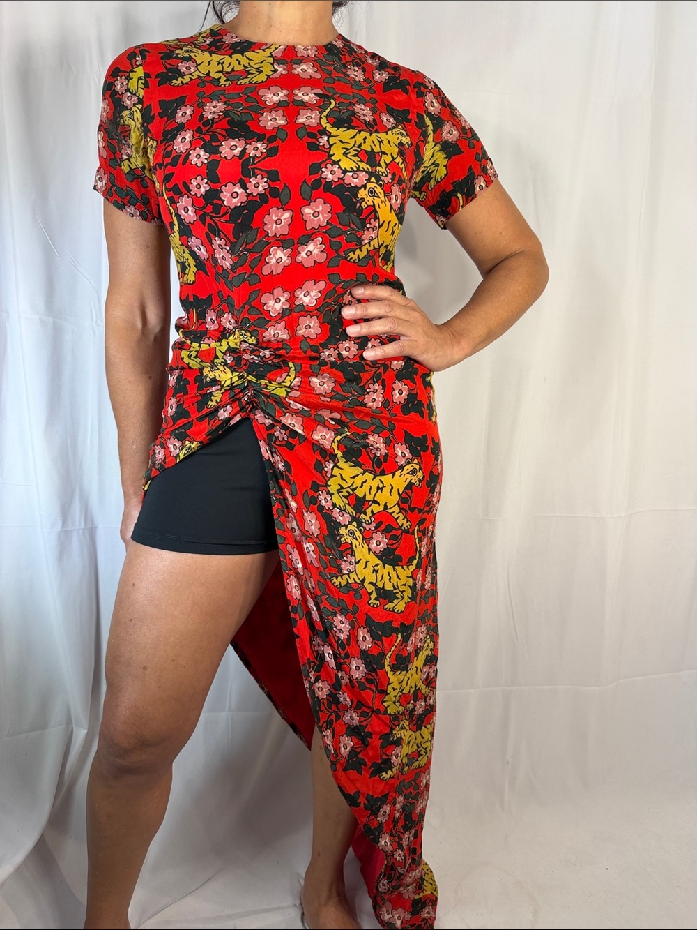 Masaba Gupta Red Floral High-Low Twist Dress with Yellow Accents